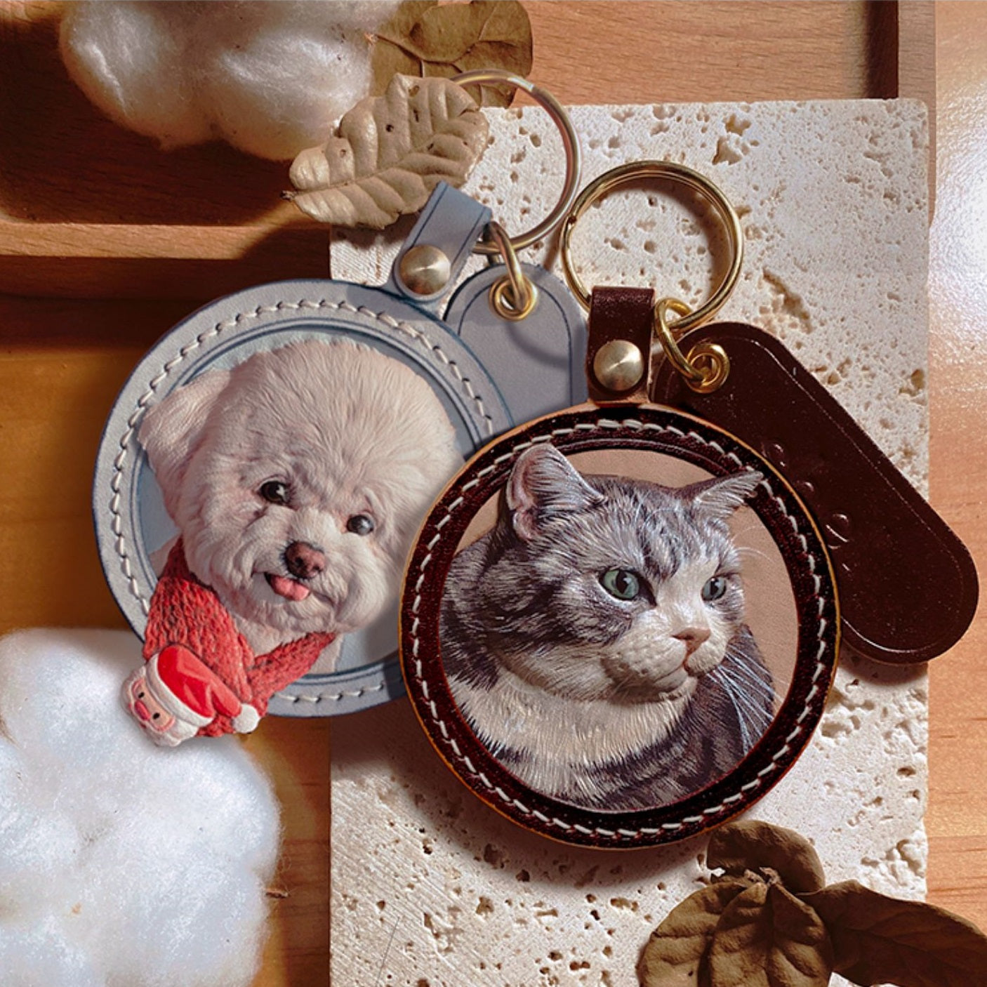 Hand-Carved Pet Portrait Leather Keychain